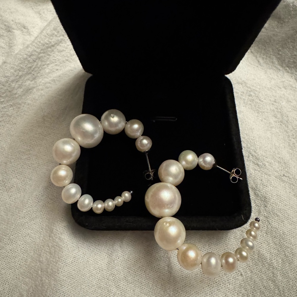 New Elegant Real Pearl Hoop Earrings